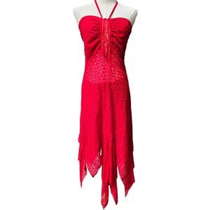 Studio F Vtg 90s Y2K Fairy Whimsigoth Sheer Lace Handkerchief Hem Red Dress XL
